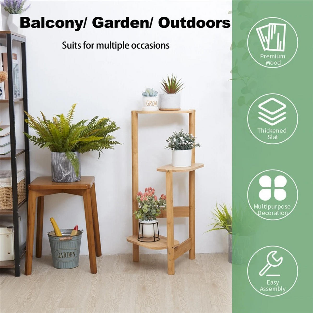 PFLANZENREGAL 3-Tier Bambus für Ecke Balkon und Schlafzimmer, Holz - Naturfarben, Holzwerkstoff (30.48/75/27.4cm) - Kaket