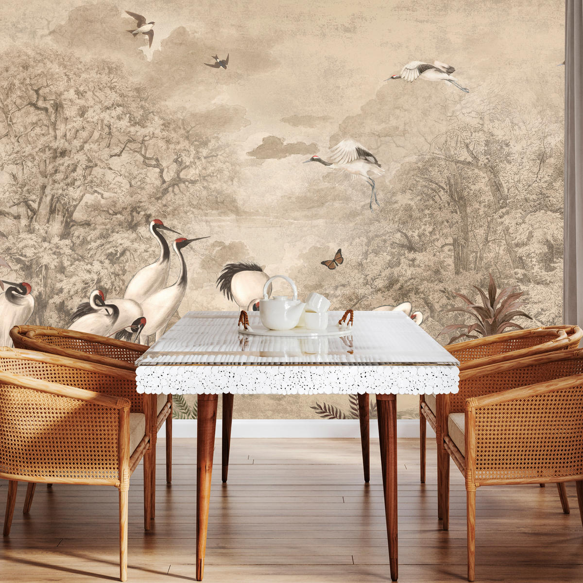 FOTOTAPETE für Schlafzimmer Retro Kraniche Wald Bäume Vögel 350x256 - Beige/Rot, Papier (350/256cm) - Muralo