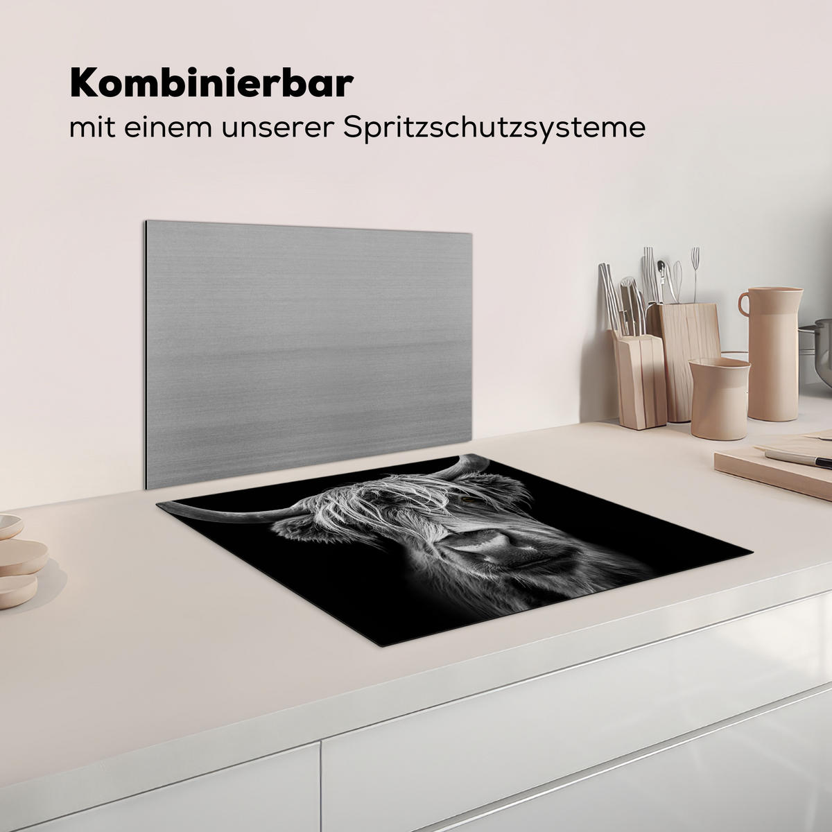 HERDABDECKPLATTE Schottischer Highlander - Hörner - Schwarz - Weiß - Kuh - Wild - Tiere Ceranfeldabdeckung 59x52 cm - Schwarz, Kunststoff (59/52/0.2cm) - MuchoWow