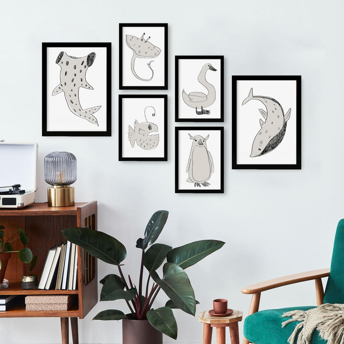 POSTER Set Mit 6 Sea Varmint In Tiere Abstracts Ästhetische Dekorative Gemälde Für Ihr Wohnzimmer, Schlafzimmer, Zuhause A3 & A4 Schwarzer Rahmen - Schwarz, Papier (29/3cm) - Nacnic