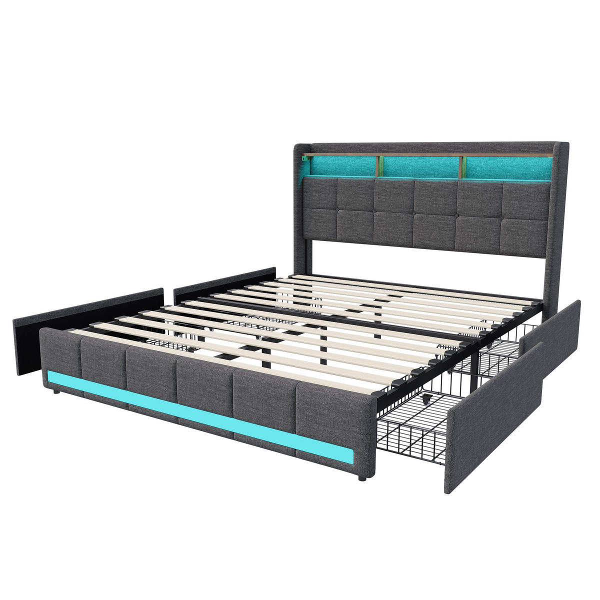 POLSTERBETT 180x200cm - Doppelbett mit 4 Schubladen - RGB-LED-Beleuchtung Ladestation - ohne Matratze - Grau - Grau, Textil (180/200cm) - DELFA