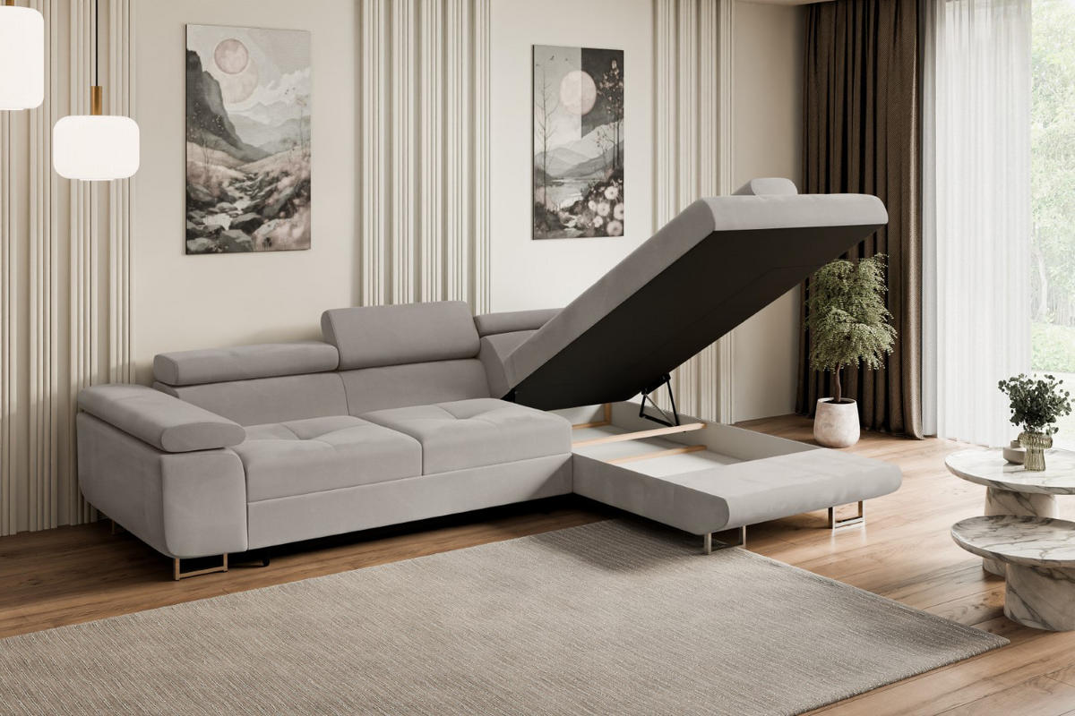ECKSOFA mit Schlaffunktion und Bettkasten GUSA-L 272x202x107 cm Hellbraun Velours - Hellbraun/Silberfarben, Holzwerkstoff/Textil (272/202cm) - ALTDECOR