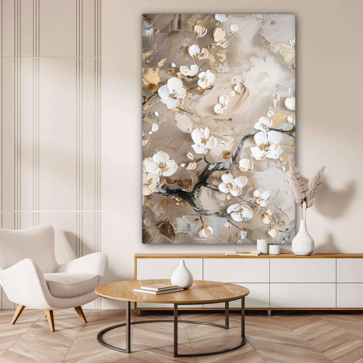LEINWANDBILD Blumen - Weiß - Gold - Beige - Luxus Deko Groß 90x140 cm - Greige, Textil (90/140cm) - MuchoWow