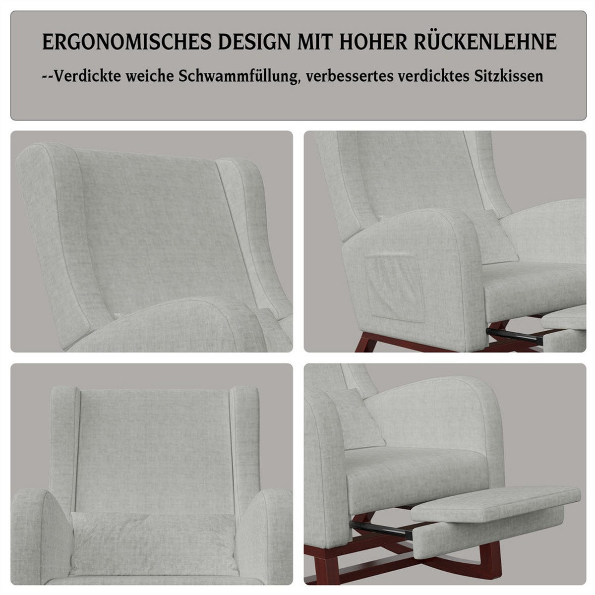 SCHAUKELSTUHL mit Armlehnen - Relaxsessel mit ausziehbarer Beinstütze und Kissen - Grau - Grau, Textil (64/99/67cm) - DELFA