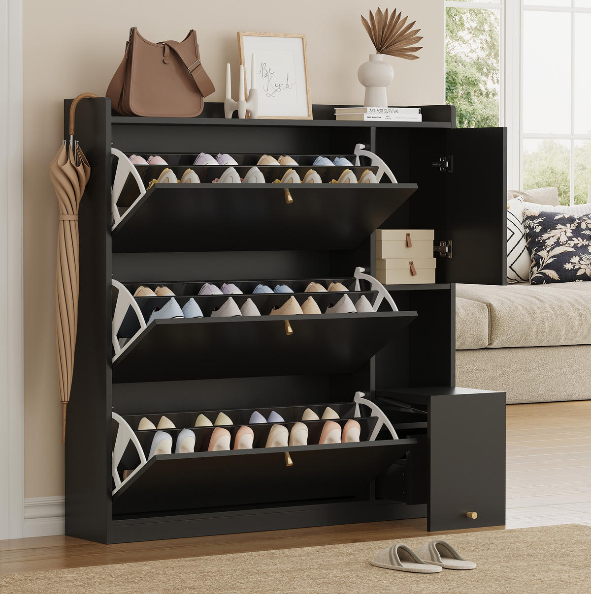 SCHUHSCHRANK 119/24/122 cm in Schwarz mit 3 Klappen und klappbarer Sitzbank - Schwarz, Holzwerkstoff (119/122/24cm) - Flora Grace
