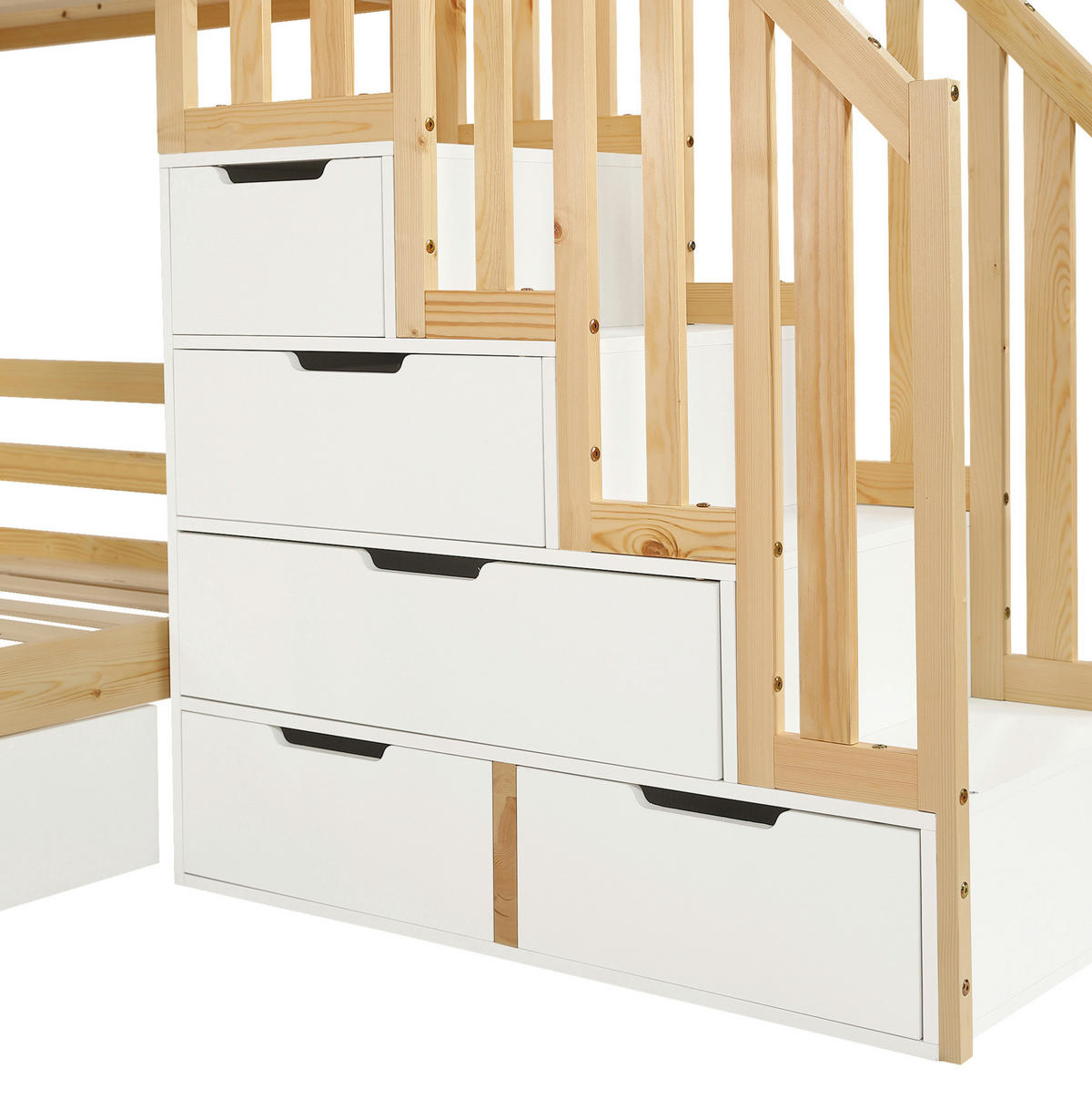 ETAGENBETT mit Stauraumtreppe und Rollschubladen 90x200 cm Weiß/Natur - Weiß, Holzwerkstoff (90/200cm) - Beauniv