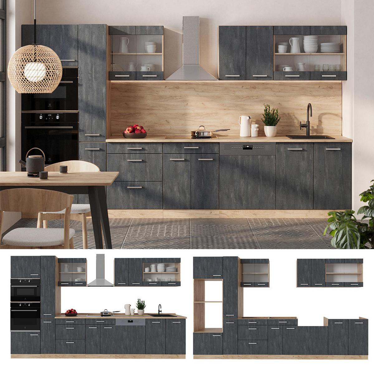 KÜCHENZEILE R-Line Schwarz Beton/Goldkraft Eiche 350 cm ohne AP - Eiche Wotan/Schwarz, Holzwerkstoff (350/81.6/46cm) - Vicco