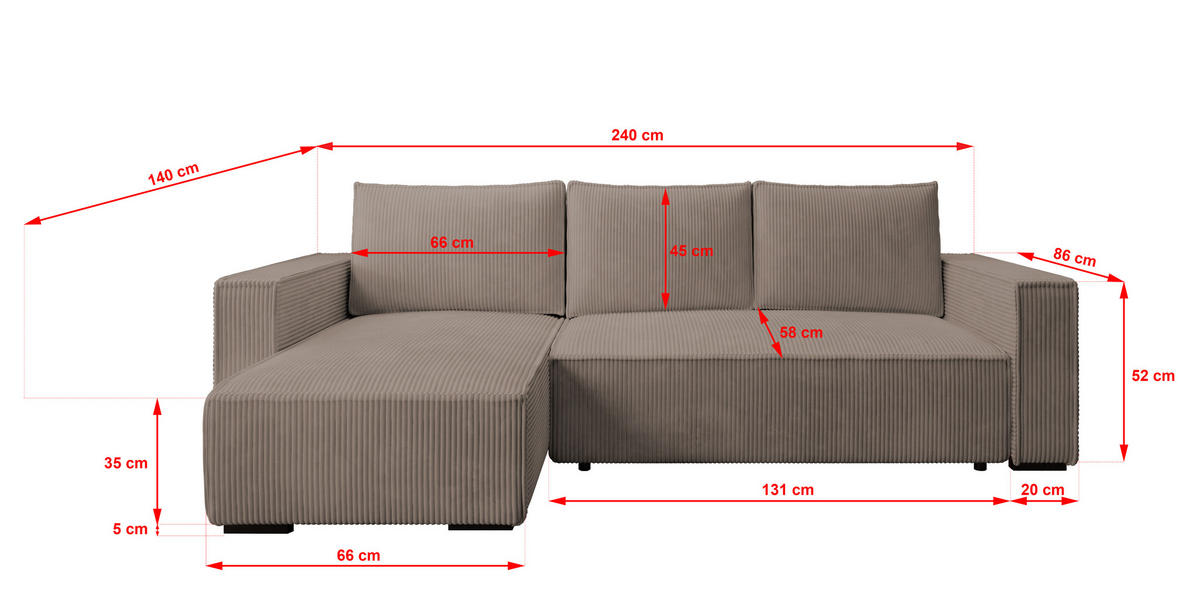 ECKSOFA CUDDY L, Eckcouch in L-Form mit Schlaffunktion und Bettkasten, Farbe: Braun, Cordstoff, Ottomane Links - Braun, Textil (240/140cm) - Storez24