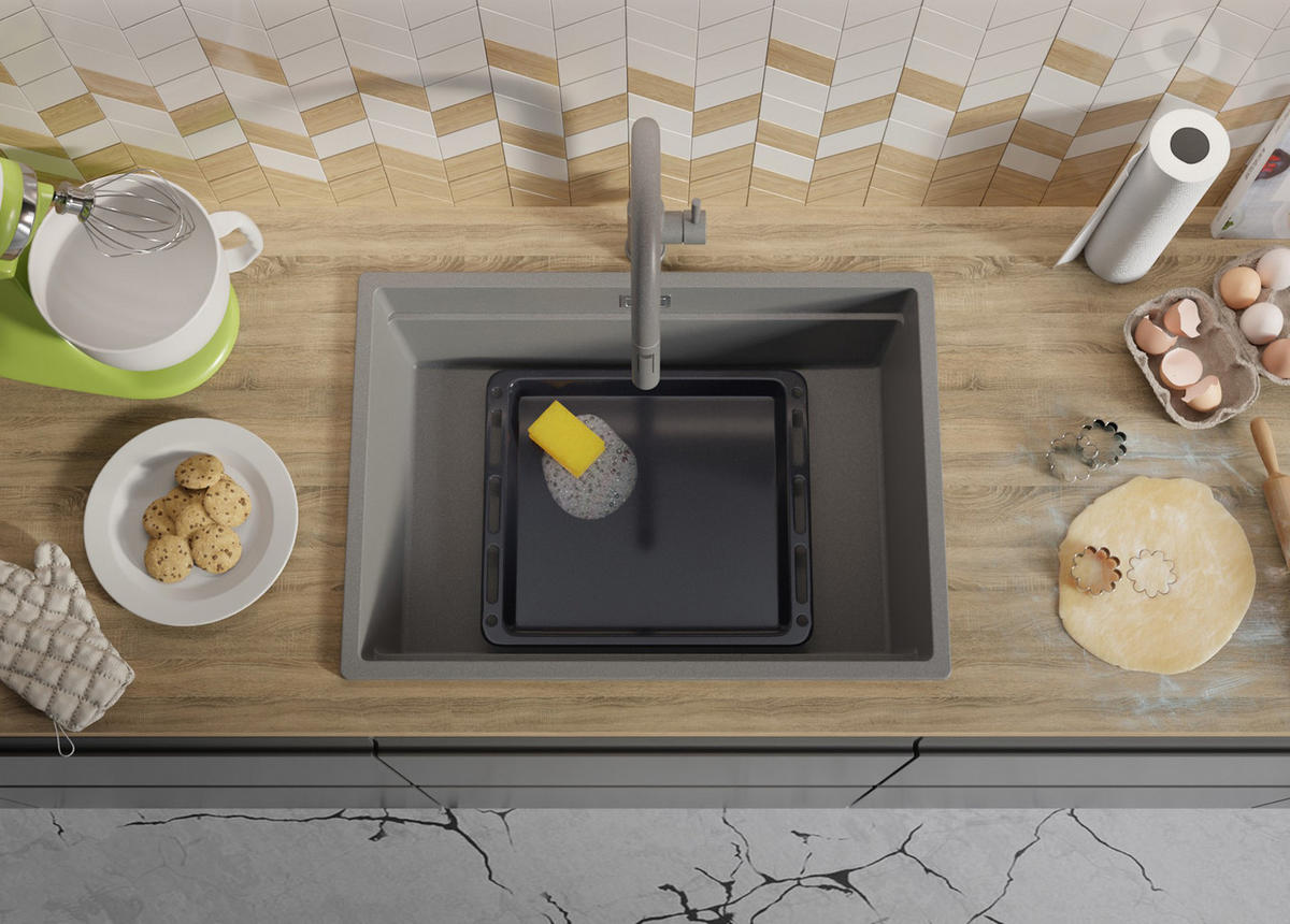 SPÜLBECKEN Praga Slim, 2-er set Grau 66/47 cm 1 Becken + Ablauf-Set + Aufrollbare Abtropffläche ab 70er Unterschrank - Chromfarben/Grau, Kunststoff (66/20/47cm) - Primagran