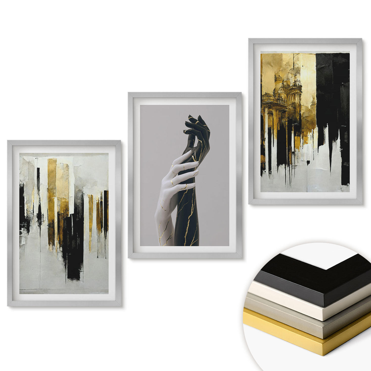 WANDBILDER 3er Set - 40x60 cm Silberner Rahmen - Abstrakte handgemalte Muster - Silberfarben, Kunststoff (40/60cm) - ArtPrintCave