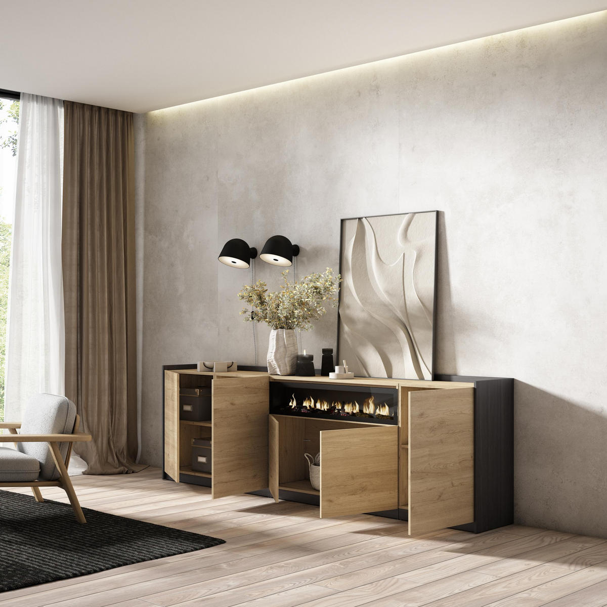 SIDEBOARD, Highboard, Eiche Schwarz, Elektrokamin, 260/37/80cm - Eichefarben, Holzwerkstoff (260/80/37cm) - Skraut Home