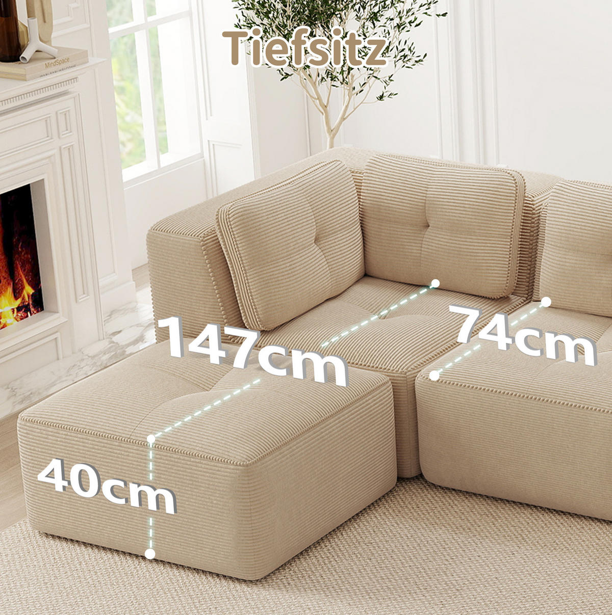 WOHNLANDSCHAFT 386/177/69 cm in Beige aus Cord mit rutschfestem Stand - Beige, Textil (177/69/386cm) - Flora Grace