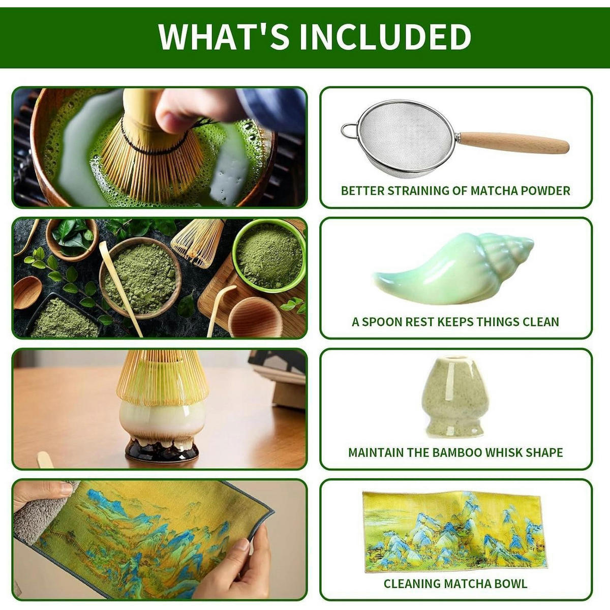 MATCHA Tee Set 9-teiliges Set mit Besen und Schale - Grün, Keramik (14/7/18.5cm)