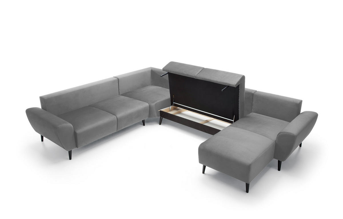 ECKSOFA BOSCO U-Form, Monolith-Stoff, freistehend, mit verstellbaren Kopfstützen, Sofa für Familien, Größe: 340x270x98cm, Farbe: Esche - Silberfarben, Holz/Textil (340/270cm) - DomoHome