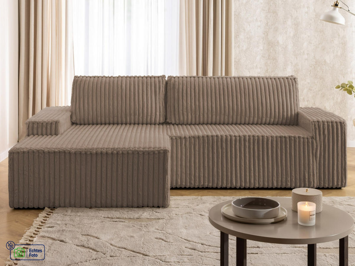 ECKSOFA Rivio mit Schlaffunktion und Bettkasten, Plüschcord Braun - Schwarz/Braun, Holz/Kunststoff (149/262cm) - S-Style