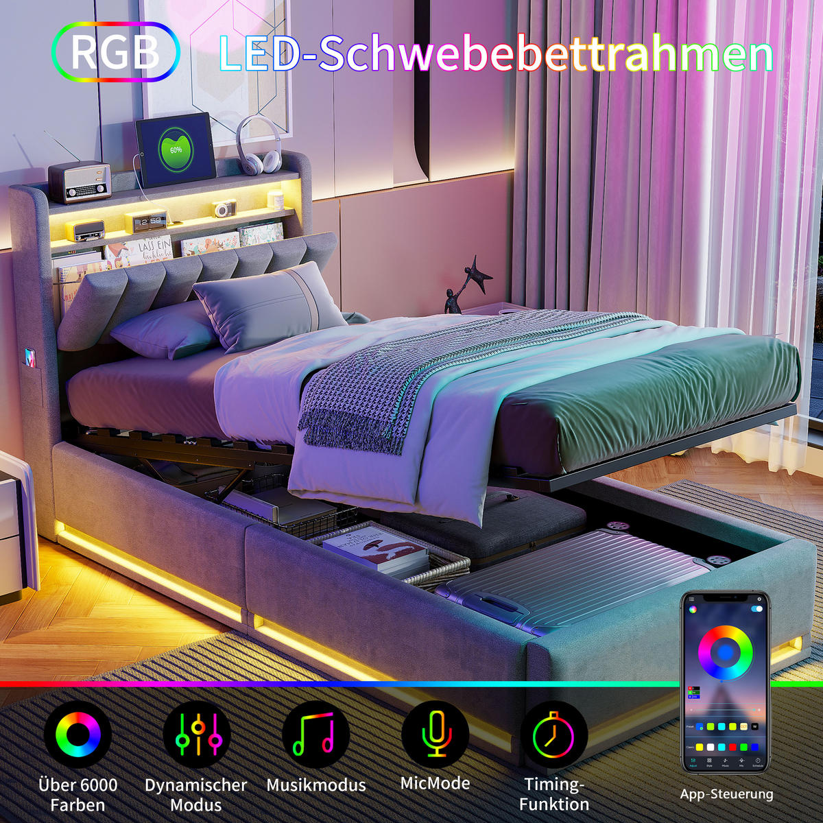POLSTERBETT 90/200 cm,Einzelbett Grau aus Leinen, mit Stauraum, LED-Beleuchtung&USB-Ladefunktion - Naturfarben/Grau, Holz/Metall (90/200cm) - FURNISHINGS HOME