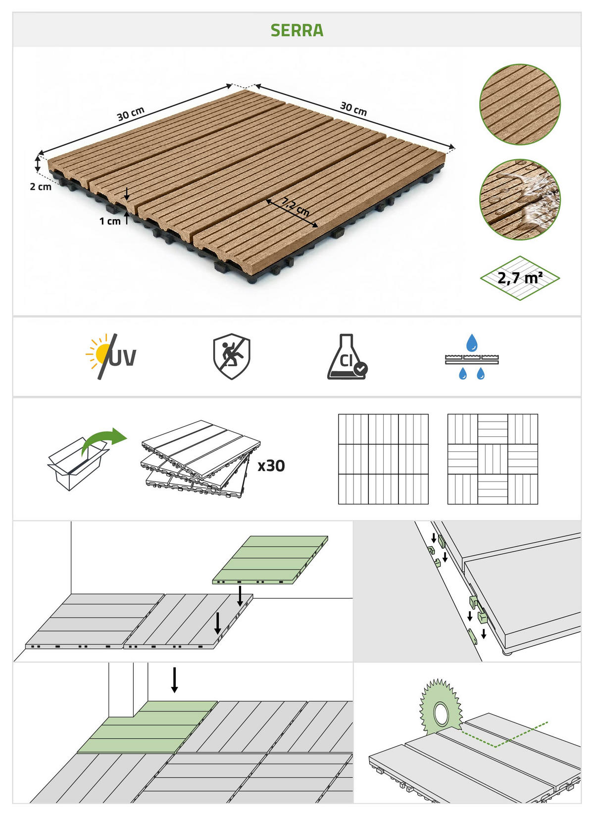 30ER-SET Terrassenplatten aus SERRA-Verbundwerkstoff in Teakoptik mit Rillen, 30 x 30 cm - Teakfarben, Holzwerkstoff (30/30/2cm) - Casanoov