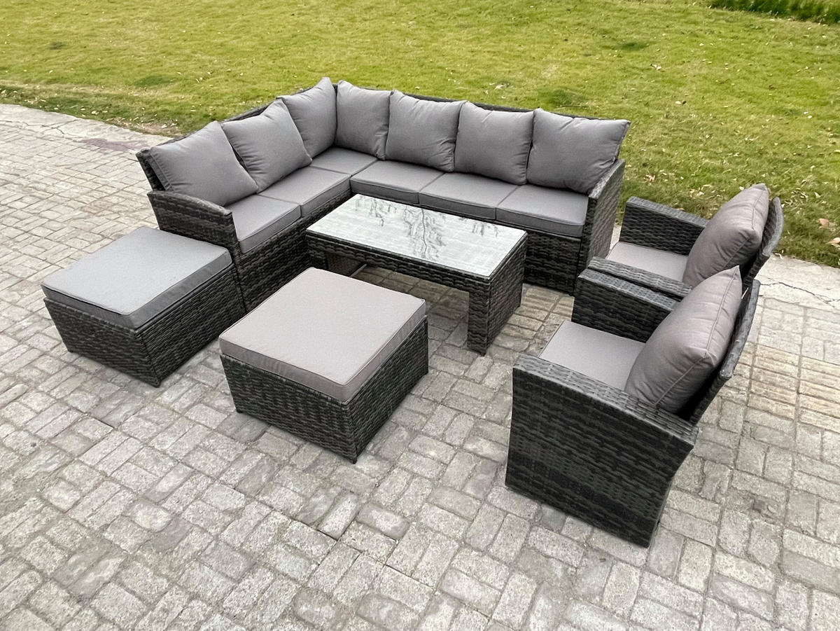 SITZGRUPPE mit Ecksofa,Länglicher Couchtisch ,2 Hockern,2 Stühle Polyrattan 10-Sitzer - Dunkelgrau/Grau, Glas/Kunststoff - Fimous