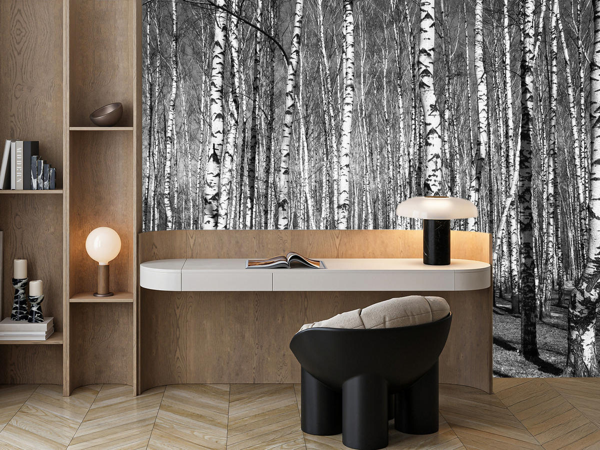 FOTOTAPETE für Wohnzimmer Birkenwald Schwarz-Weiß Minimalistisch 200x140 - Schwarz/Weiß, Papier (200/140cm) - Muralo