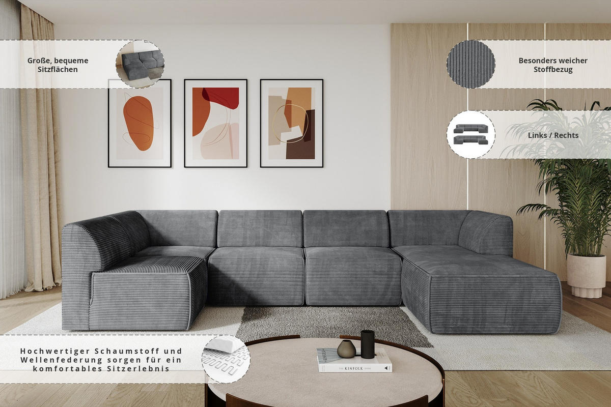 WOHNLANDSCHAFT Ottomane Rechts MOVA 345x180x78 Dunkelgrau Cord - Dunkelgrau/Anthrazit, Holzwerkstoff/Kunststoff (345/78/180cm) - ALTDECOR