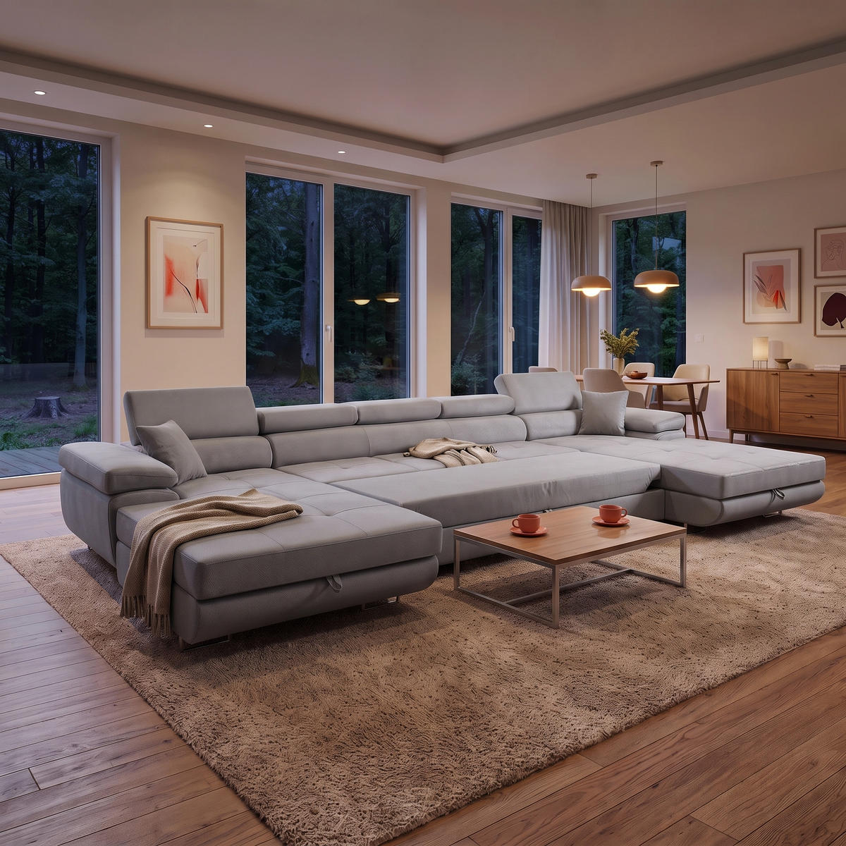ECKSOFA U-Form ALONZO MAXI U mit Schlaffunktion 125x318 Velours Grau - Silberfarben/Grau, Holz/Textil (400/90/203cm) - Muffo