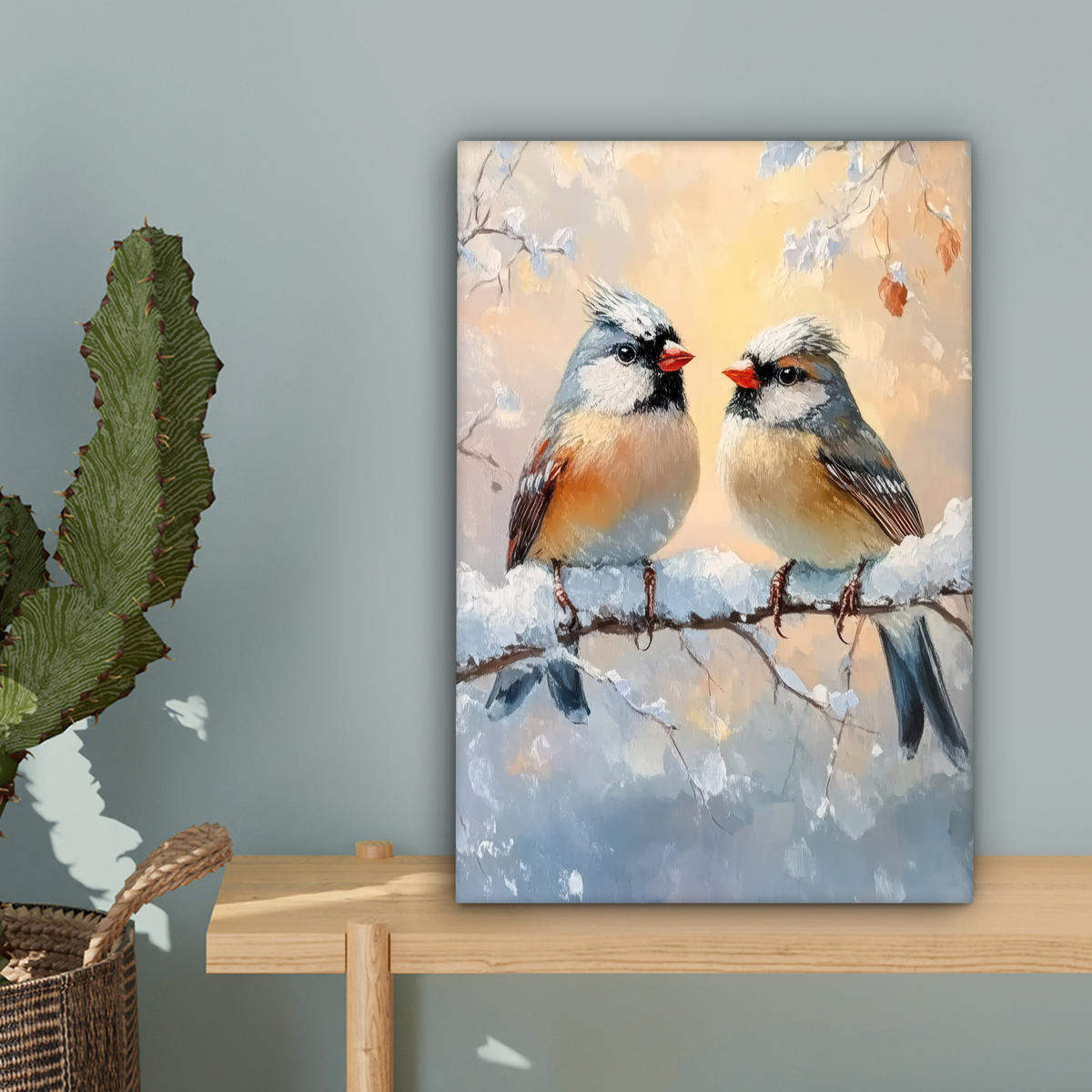 LEINWANDBILD Vögel - Zweig - Winter - Schnee 20x30 cm - Pastellblau, Textil (20/30cm) - MuchoWow