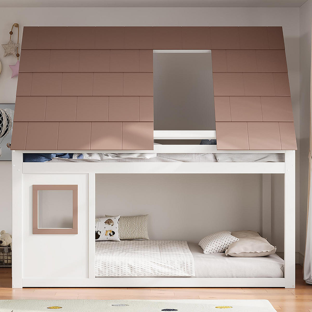 ETAGENBETT 140 x 200 cm mit Dach und Leiter, weiß + braun - Weiß, Holz (140/200cm) - KOMHTOM