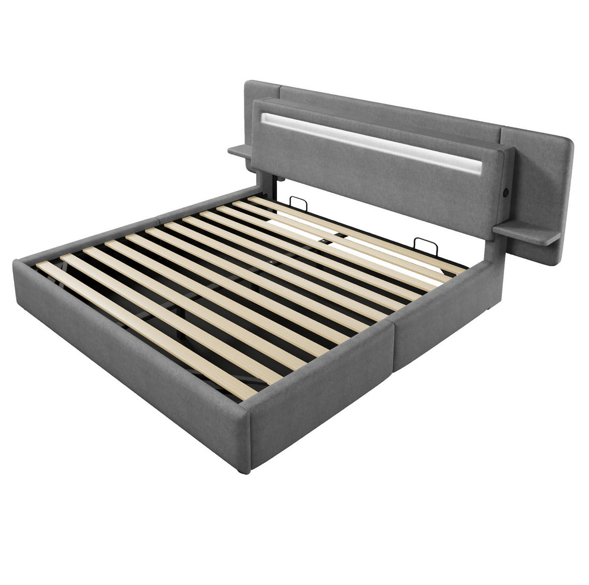 POLSTERBETT aus MDF und Leinen 180x200 cm Grau mit Bettkasten, LED-Beleuchtung, Nachttisch und USB-Anschluss - Grau, Textil (180/200cm) - Modfu