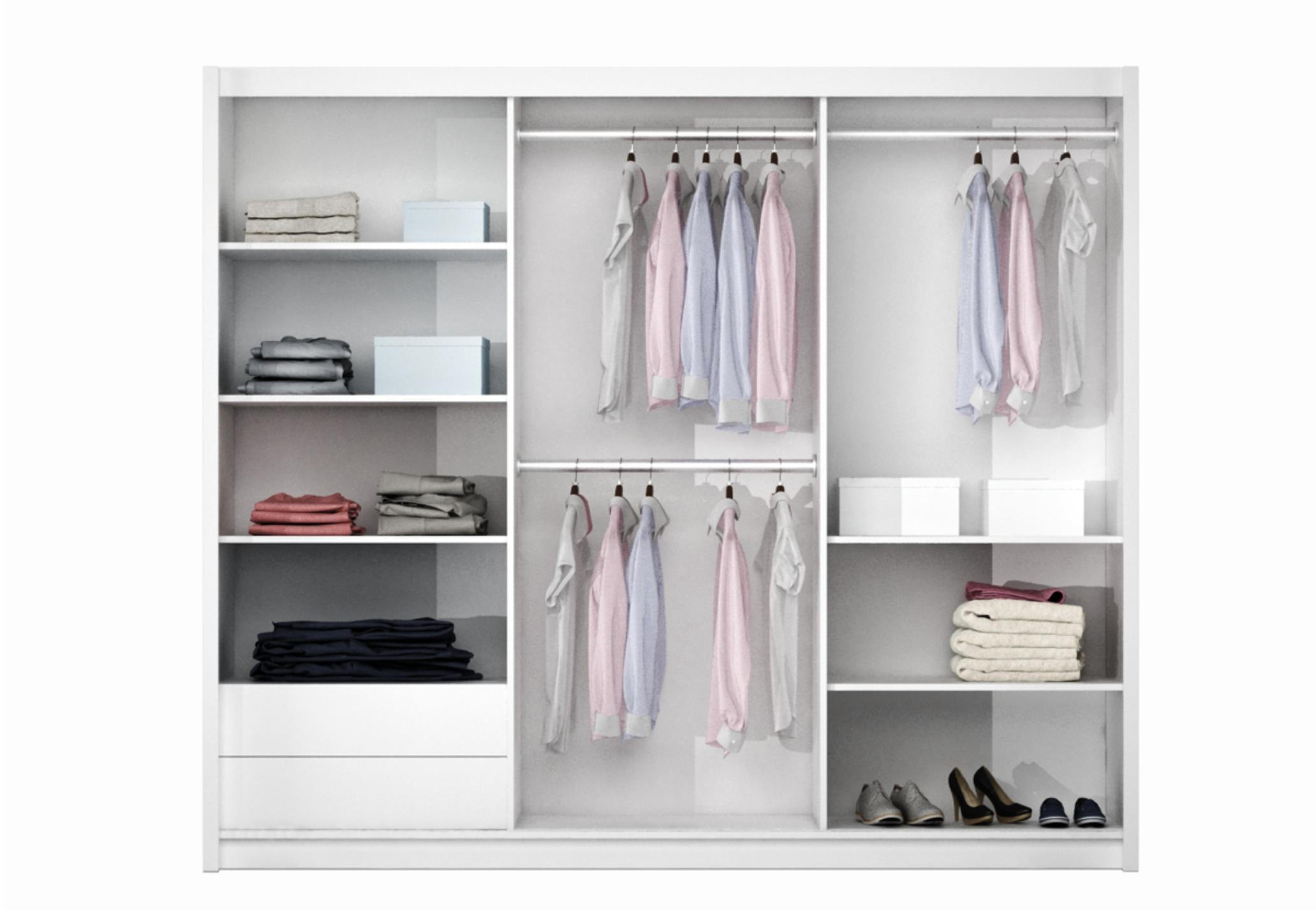 Thumbnail - Bettso Kleiderschrank, Weiß, Holzwerkstoff, 2 Schubladen, 250x215x65 cm, Schlafzimmer, Kleiderschränke, Schwebetürenschr...