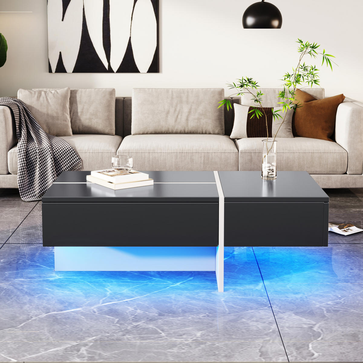 COUCHTISCH 100/50/34,5 cm Schwarz Weiß Hochglanz mit App-LED - Schwarz, Holzwerkstoff (100/50/34.5cm) - Korfee