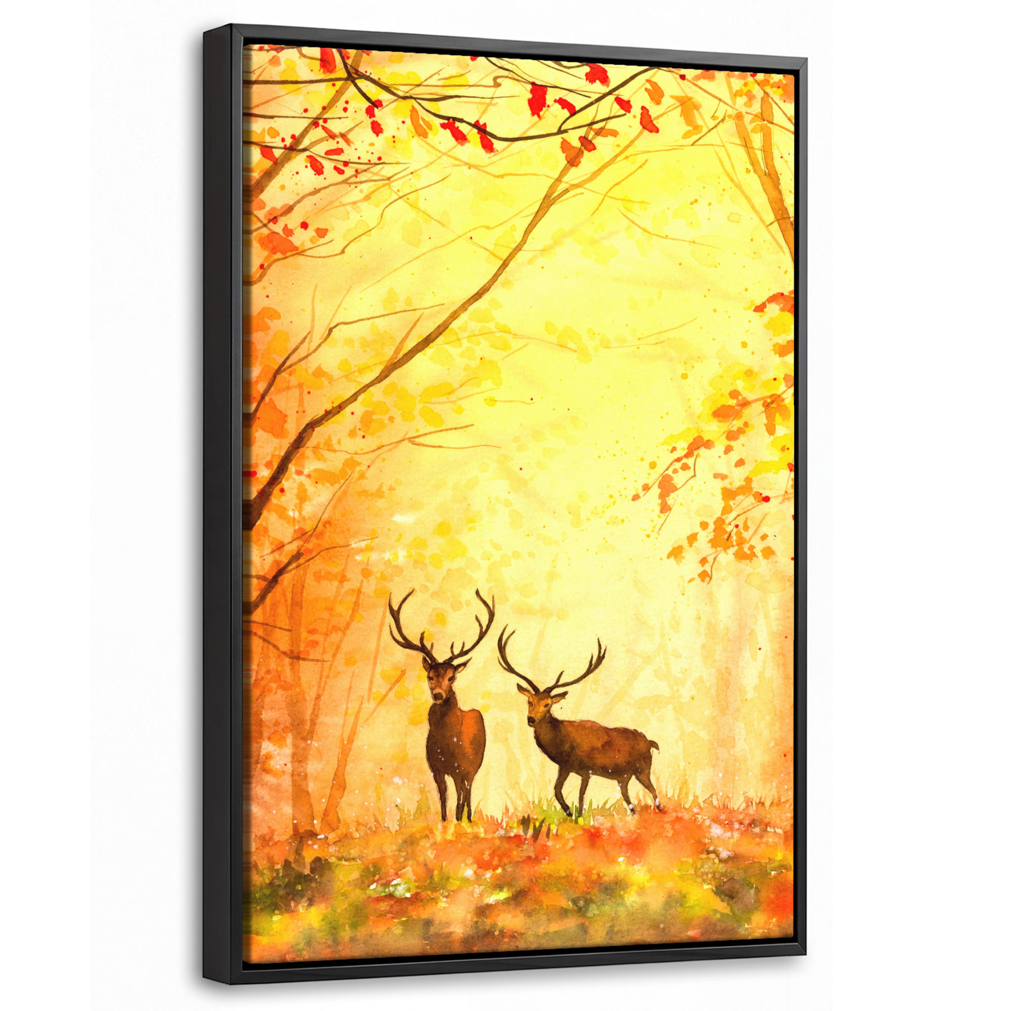 LEINWAND Bilder mit Rahmen - Natur - Ölfarbe - Hirsche - Tiere - Herbst - Orange - 40x60 - Orange, Textil (40/60cm) - MuchoWow