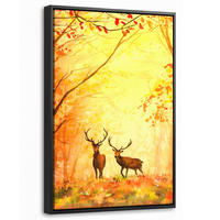 LEINWAND Bilder mit Rahmen - Natur - Ölfarbe - Hirsche - Tiere - Herbst - Orange - 40x60 - Orange, Textil (40/60cm) - MuchoWow