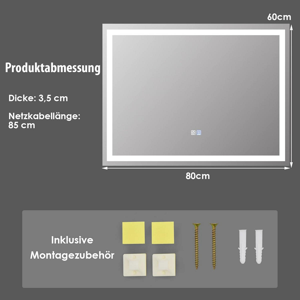 BADSPIEGEL LED-Spiegel Silber - Silberfarben, Glas (60/4/80cm) - COSTWAY