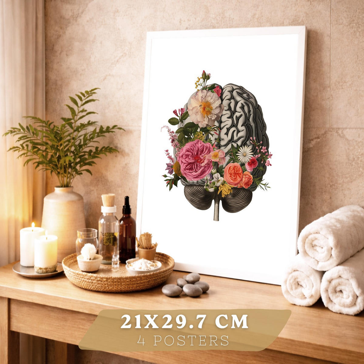 POSTER Set aus 4 Anatomie Drucke und Dekorative mit Gehirn Herz Lungen Atmungssystem Rippen Wirbelsäule Modernes Florales Größe Weißer Rahmen A4 - Weiß, Papier (21/29.7/3cm) - Nacnic