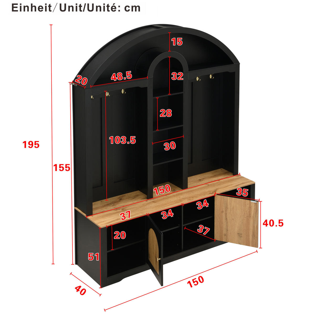 GARDEROBENSCHRANK mit Schuhregal 150 x 40 x 195 cm MDF Schwarz - Schwarz, Holzwerkstoff (40/195/150cm) - Beauniv