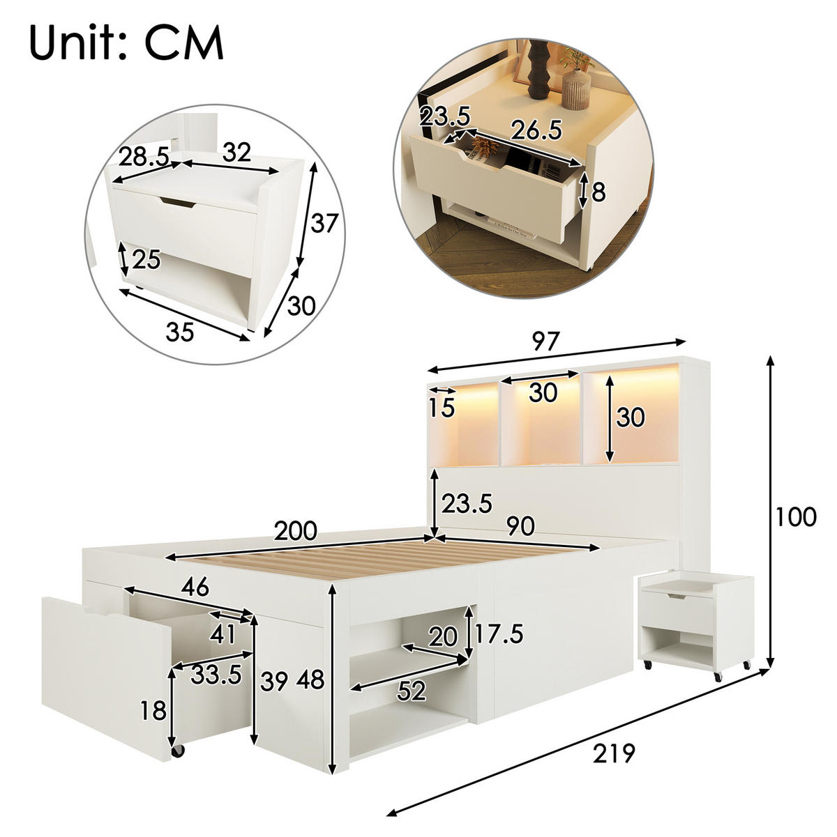 FUNKTIONSBETT 90/200 cm mit LED-Beleuchtung, USB-C, Stauraum und beweglichem Nachttisch und Matratze aus Holz, Weiß - Weiß, Holzwerkstoff (90/200cm) - Redom