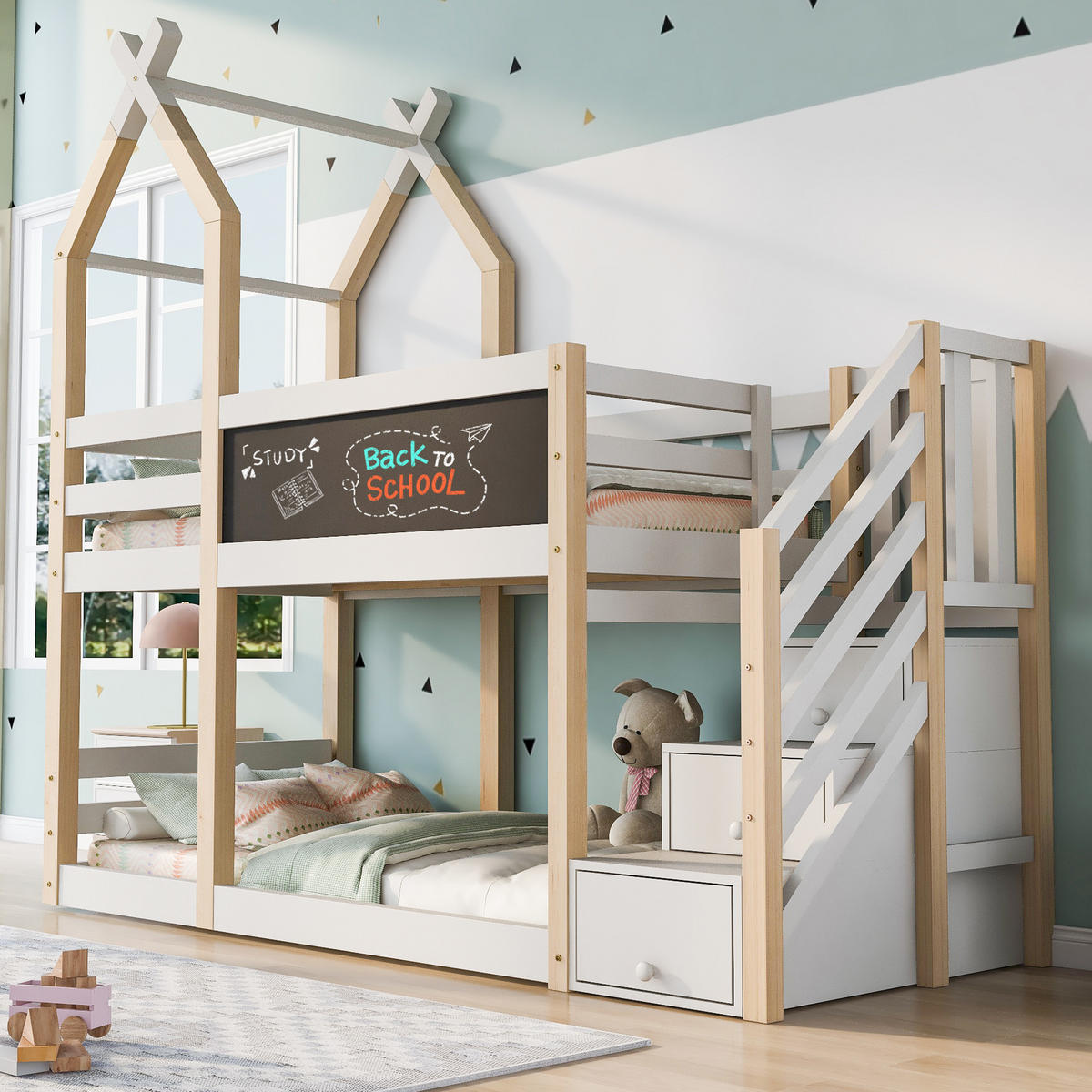 ETAGENBETT 90/200 cm Weiß Baumhaus Design mit Tafel und Rausfallschutz - Weiß, Holzwerkstoff (90/200cm) - OKWISH