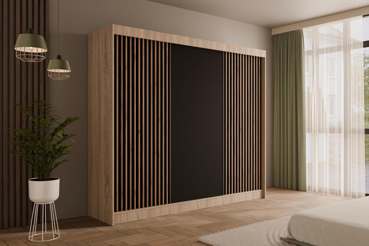 KLEIDERSCHRANK mit Lamel-Schiebetüren VILANv2 - 250 cm Sonoma Eiche + Lamelle Eiche Wotan - Eiche Wotan/Sonoma Eiche, Holzwerkstoff (250/215/61cm) - ALTDECOR