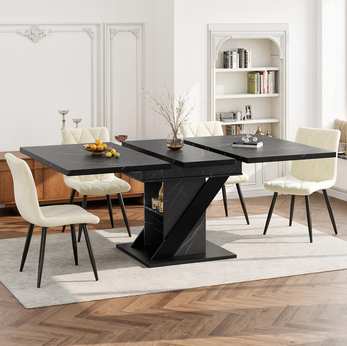 BLAGOVAONSKI stol 110-140/80/75 cm crni od MDF-a na razvlačenje u mramornom izgledu - crna, drvni materijal (110/80/75cm) - OKWISH