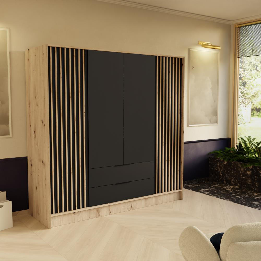 DREHTÜRENSCHRANK Nero 200/51/200 cm mit Lamellen eiche artisan+schwarz - Schwarz/Eiche Artisan, Holzwerkstoff (200/200/51cm) - Beautysofa
