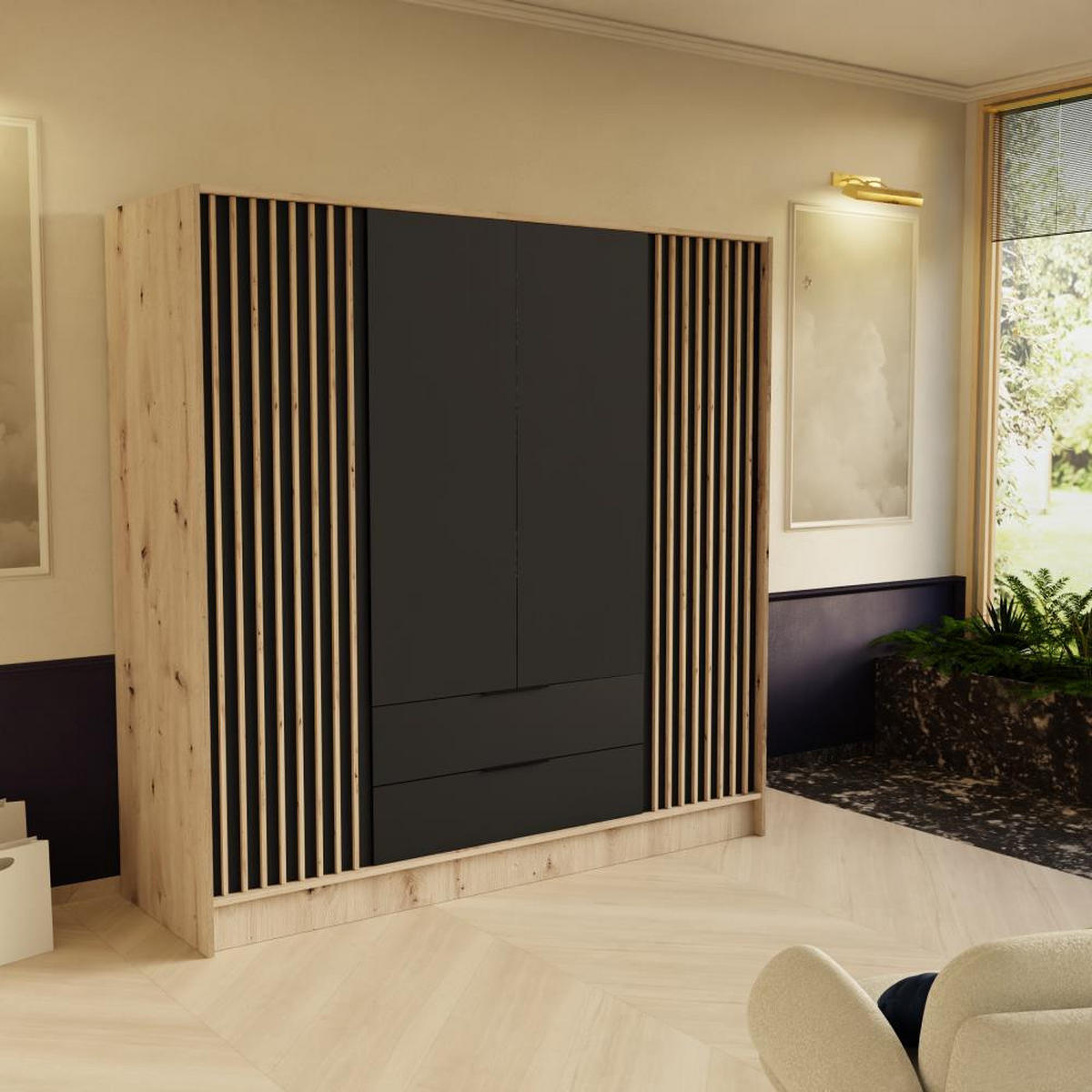 DREHTÜRENSCHRANK Nero 200/51/200 cm mit Lamellen eiche artisan+schwarz - Schwarz/Eiche Artisan, Holzwerkstoff (200/200/51cm) - Beautysofa