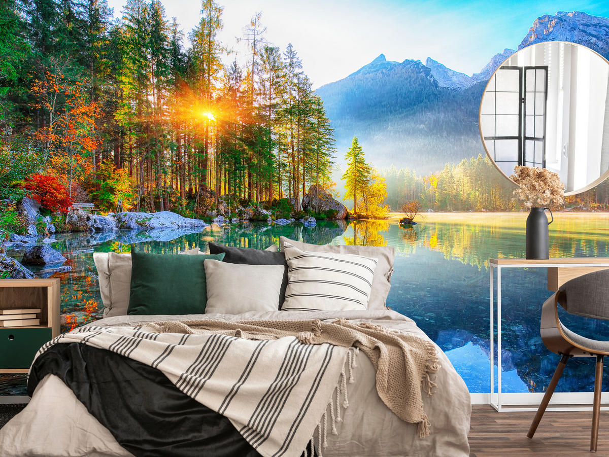 FOTOTAPETE für Schlafzimmer See Berge Bäume Sonnenuntergang Natur 350x256 - Gelb/Rot, Papier (350/256cm) - Muralo