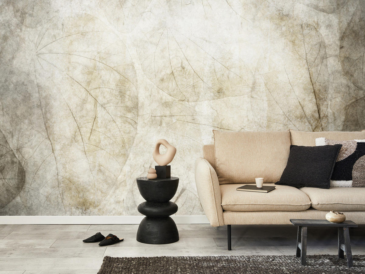 FOTOTAPETE für Wohnzimmer Blätter Beton Abstraktion 250x175 - Beige/Grau, Papier (250/175cm) - Muralo