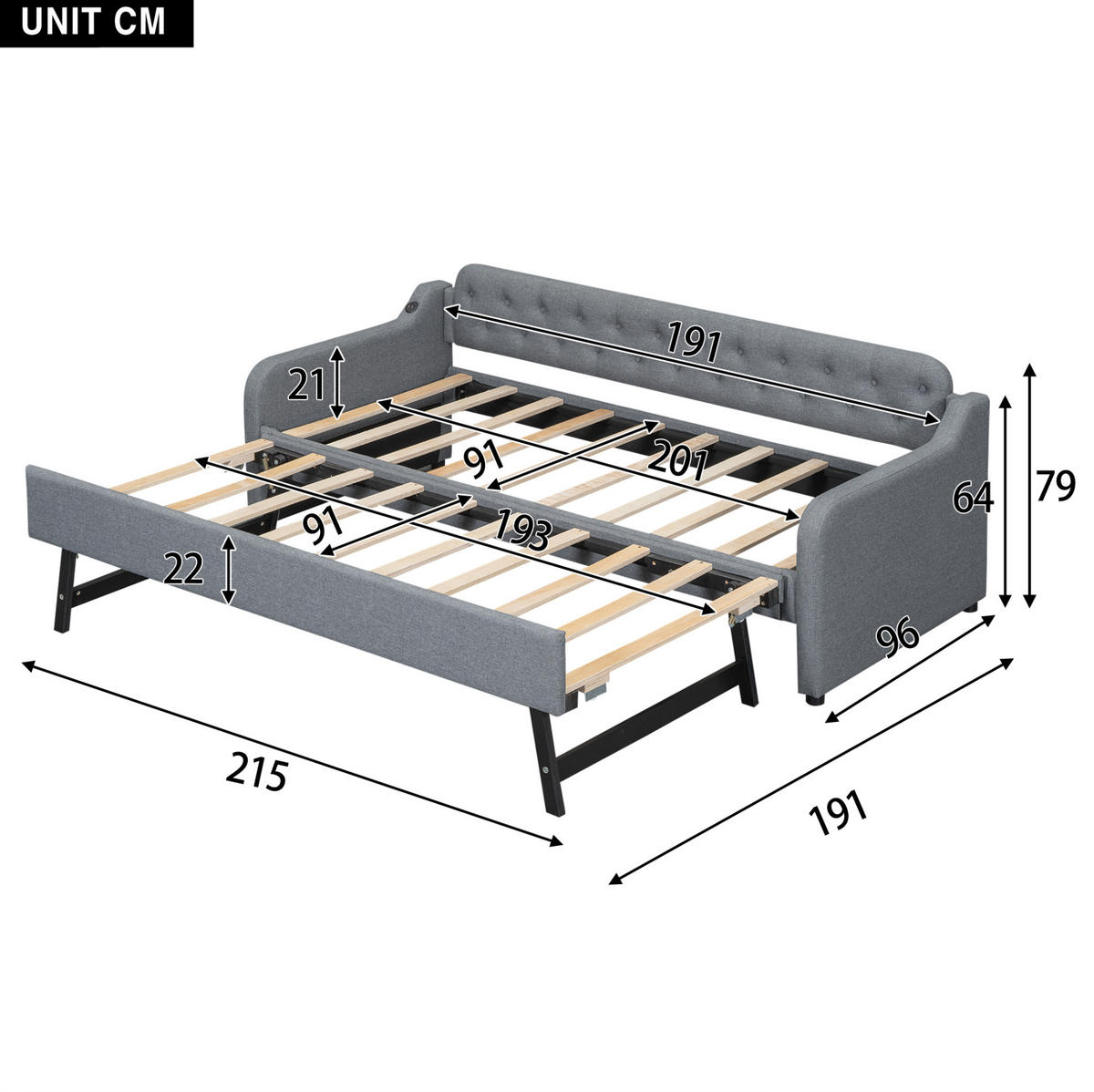 POLSTERBETT 90/200 cm mit Polsterbett und USB-Anschluss, Grau - Grau, Textil (90/200cm) - Flora Grace