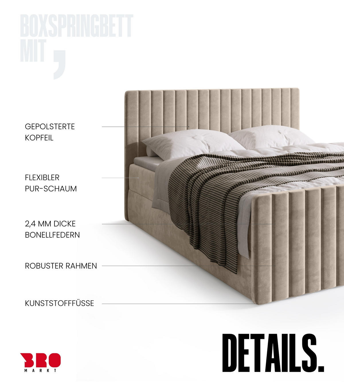 BOXSPRINGBETT Dream Duo mit Topper 160/200 Beige - Ecru, Kunststoff (160/200cm) - Bromarkt