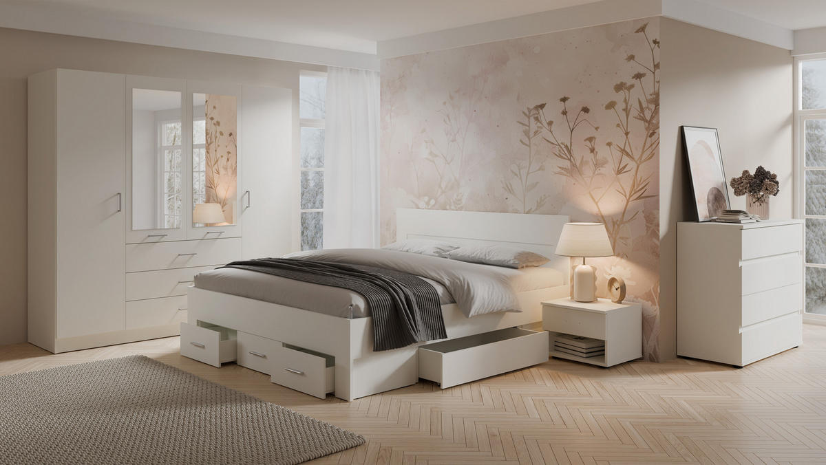BETT MORIVA 52 – 186×96×206,5 cm Liegefläche 180×200 cm, mit Lattenrost und Schubladen Weiß - Weiß, Holz (180/200cm) - Milaros Markt