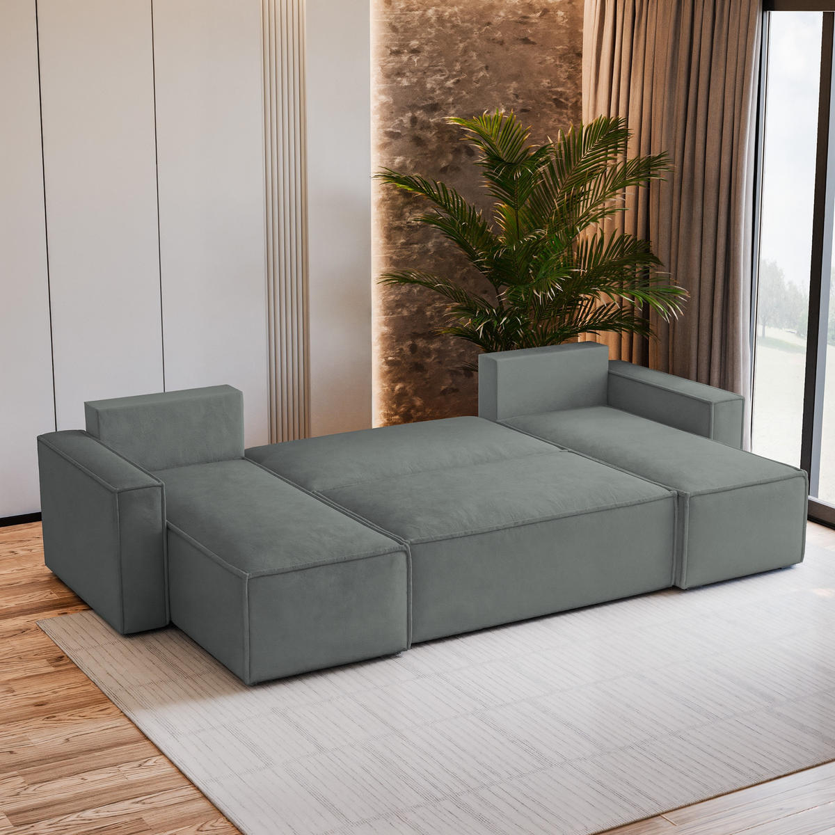 WOHNLANDSCHAFT PESANO M Grau Velours-Stoff mit Schlaffunktion - Grau, Holz (306/85/140cm) - MASSENO