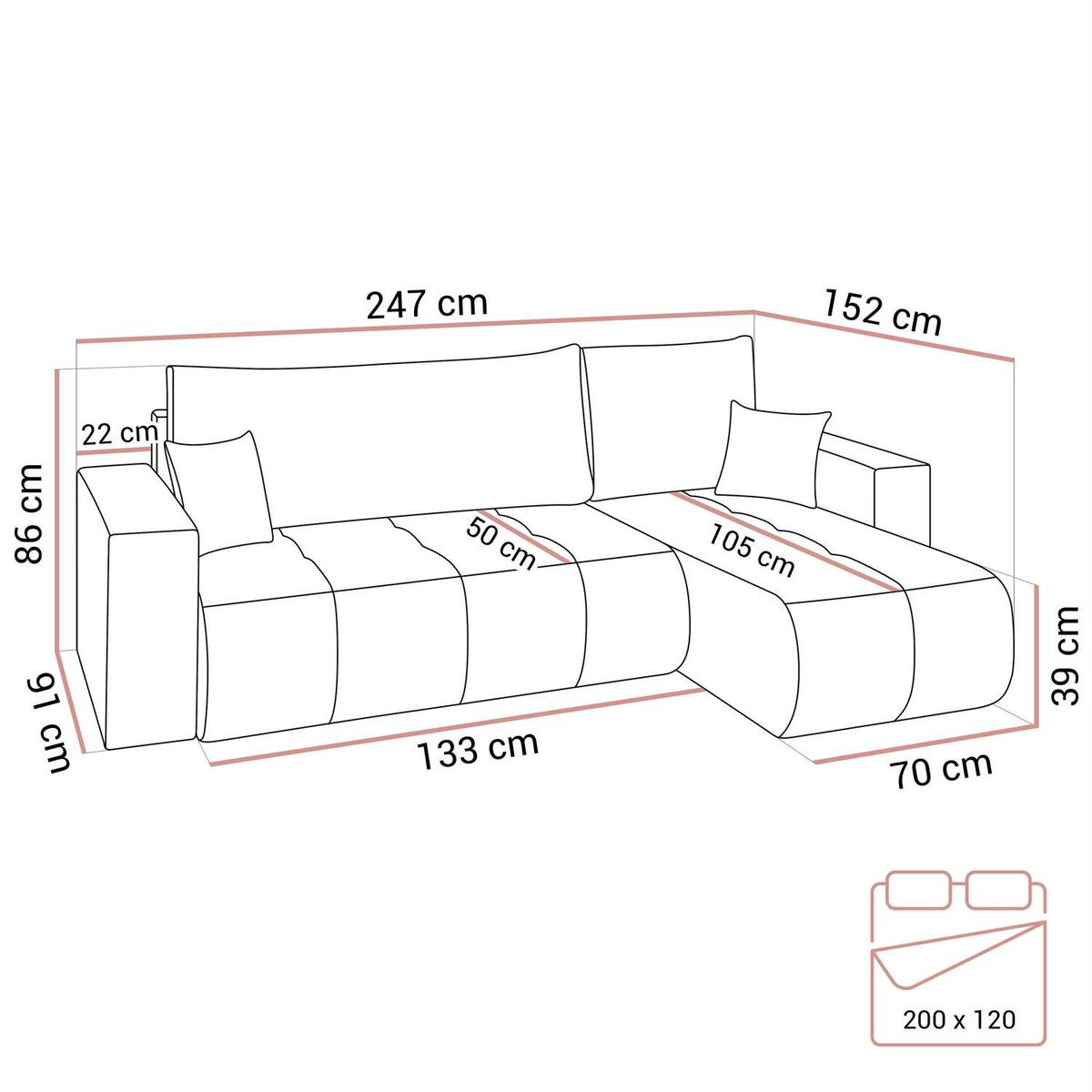 ECKSOFA CLOUD II L mit Schlaffunktion, Vibe 98 - Dunkelgrau, Textil (247/152cm) - Lookway