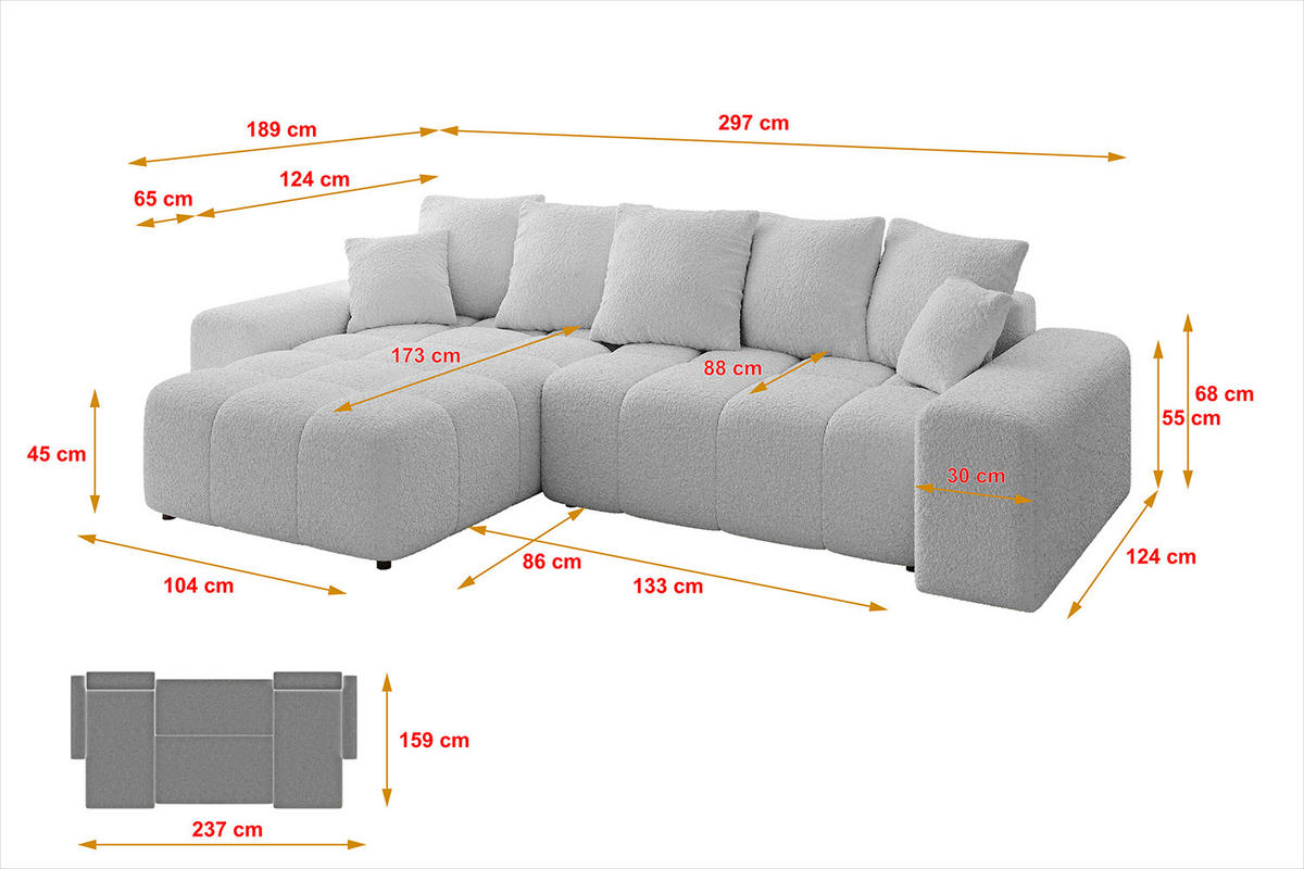 ECKSOFA Ottomane links/rechts ENIL-L 297x189x68 Hellgrau Bouclé - Hellgrau, Holzwerkstoff/Kunststoff (297/189cm) - ALTDECOR