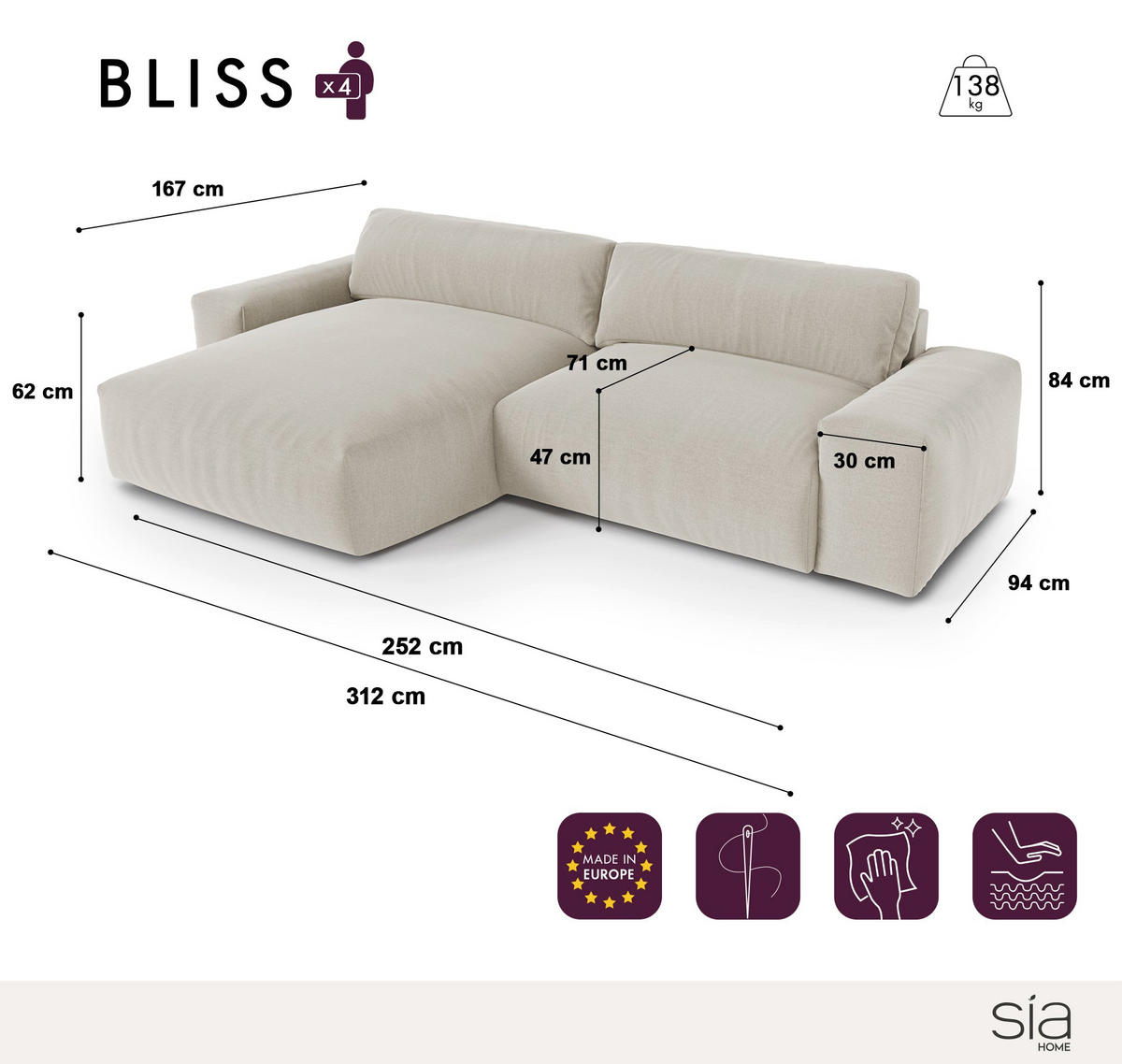 ECKSOFA LINKS Rastergewebe mit weichem Griff Beige 310cm - Beige, Textil (174/310cm) - Sia Home